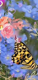 Colorful butterfly on blue flowers with pink floral accents.