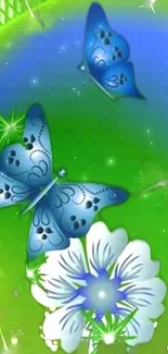 Blue butterflies and flower on a green background wallpaper.