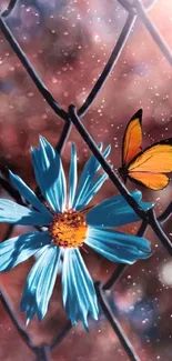 Blue flower and yellow butterfly wallpaper with artistic fence background.