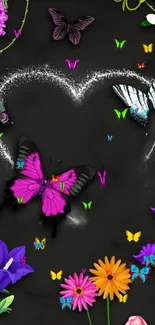 Vibrant butterflies with flowers on dark background wallpaper.