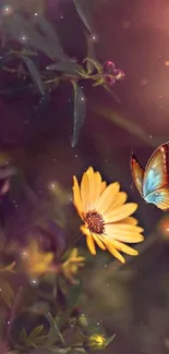 Colorful butterfly next to yellow flower with warm glow.