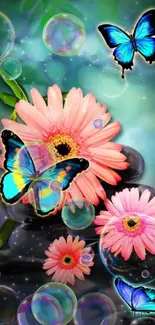 Colorful butterflies and flowers wallpaper.