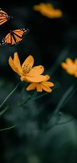 Orange butterflies and yellow flowers on dark background.