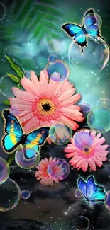 Vibrant mobile wallpaper with butterflies and flowers.