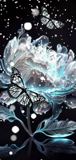 Mobile wallpaper featuring blue flower and butterflies on a dark background.