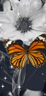 Orange butterfly on grayscale flower wallpaper.