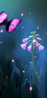 Pink butterfly and flower on a dark blue background, perfect for wallpaper.