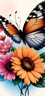 Artistic butterfly with vibrant flowers design.