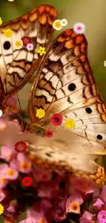 Butterfly and vibrant flowers wallpaper.