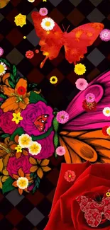 Bright butterfly with colorful flowers on a dark patterned background.