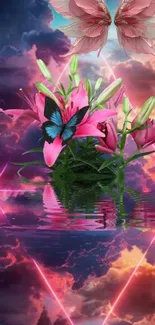 Colorful butterfly and lilies with neon reflections over water.