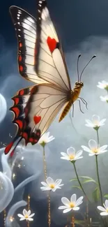 Butterfly flying over white flowers amid misty background.