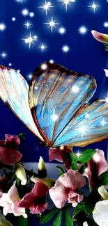 Blue butterfly among flowers with starry sky.