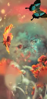 Mystical butterfly with vibrant orange flowers on fantasy background.