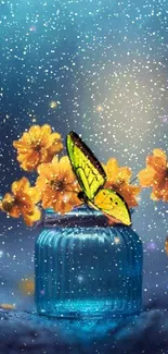 Yellow butterfly on flowers in a blue jar emitting a soft glow.