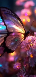 Glowing butterfly perched on vibrant flowers.