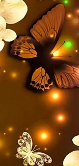 Brown and orange butterfly with floral glow design.