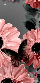 Mobile wallpaper with pink flowers and a butterfly.