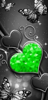 Vibrant green heart with butterflies on a stylish wallpaper.