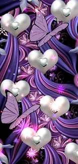 Purple butterflies and silver hearts with floral accents.