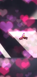 Mobile wallpaper with a butterfly amidst glowing pink heart lights.