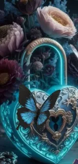 Turquoise heart lock with butterfly and flowers