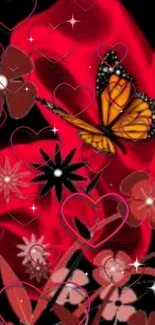 Vibrant wallpaper with butterfly, hearts, and floral design in red tones.