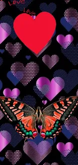 Vibrant butterfly and red heart wallpaper for mobile.