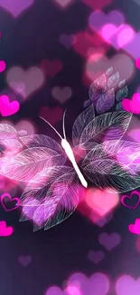 Mobile wallpaper with butterfly and pink hearts on dark purple background.