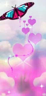 Butterfly flying over pink hearts and dreamy clouds wallpaper.