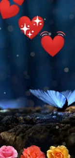 Blue butterfly on dark surface with hearts and flowers.