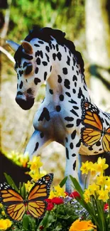 A spotted horse with butterflies in a vibrant forest setting.