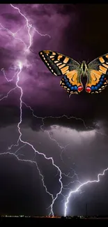 Colorful butterfly with purple lightning in stormy sky wallpaper.