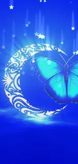 Blue butterfly resting on a crescent moon, glowing on a vibrant blue background.