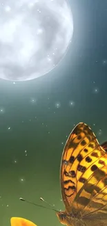 Bright butterfly under a starry moonlit night sky wallpaper.