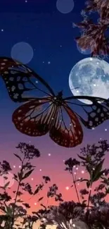 Butterfly silhouette against a moonlit, twilight sky with dark foliage.