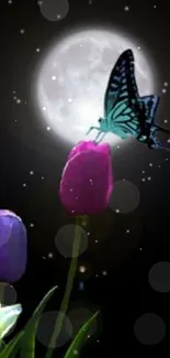 Butterfly resting on tulips under moonlight.