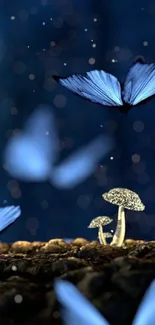 Butterflies hover over glowing mushrooms in a dark blue night setting.