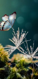 Delicate butterfly on flora with dewdrops and lush green backdrop.