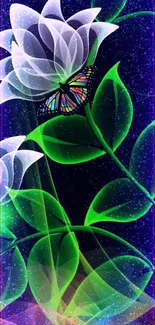 Colorful butterfly on neon floral background with dark hues.