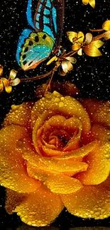 Blue butterfly resting on dewy orange rose with golden accents.