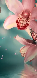 Pink orchids and butterflies over turquoise water wallpaper.