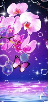 Purple orchids and butterflies with sparkling night sky.