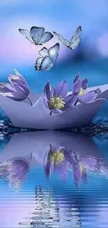 Blue butterflies over origami and flowers in serene water reflection.