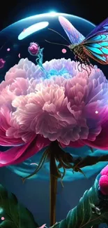 Colorful butterfly resting on a vibrant peony blossom, surrounded by a mystical aura.