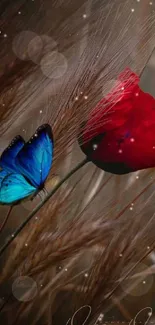 Blue butterfly and red flower in a golden field wallpaper.