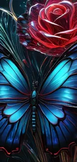 Vibrant butterfly with a red rose on a dark background.