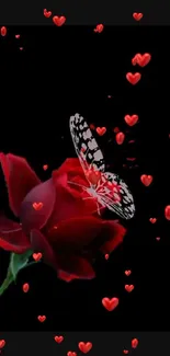 Black background with a red rose and a butterfly.