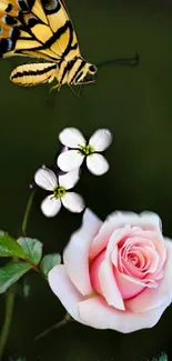 Vibrant butterfly and pink rose on a green background with delicate flowers.