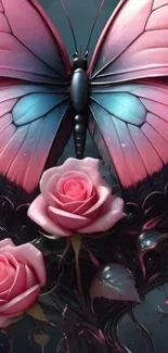 Elegant butterfly on pink roses wallpaper.